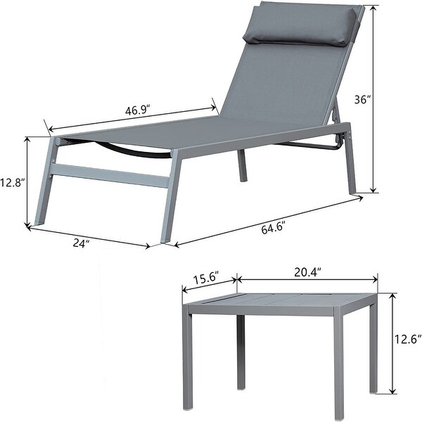 3-Piece Outdoor Chaise Lounge Adjustable Back with Table and Headrest - N/A - Overstock - 37952818