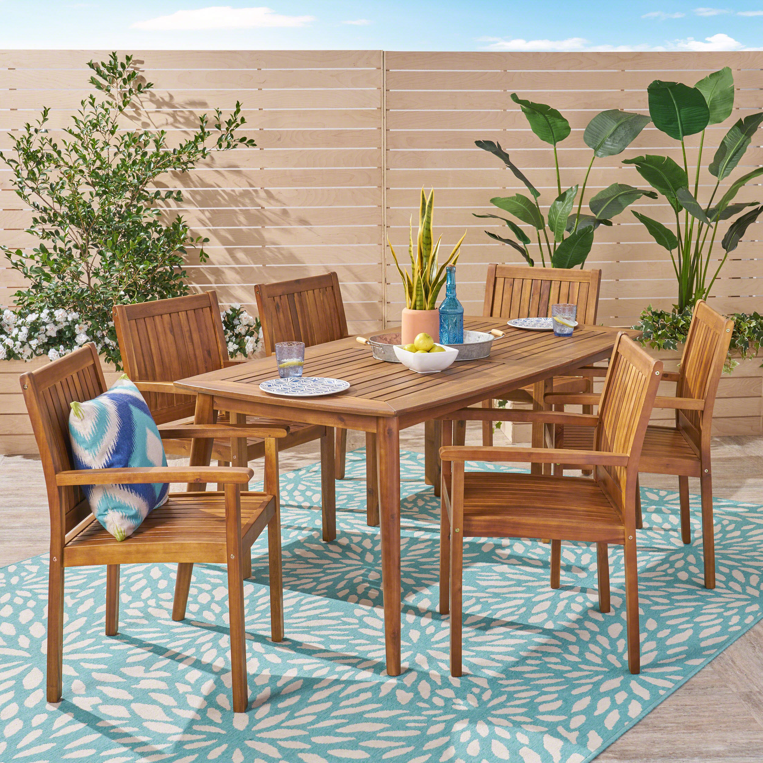 Kally Outdoor 7 Piece Acacia Dining Set, Teak Finish