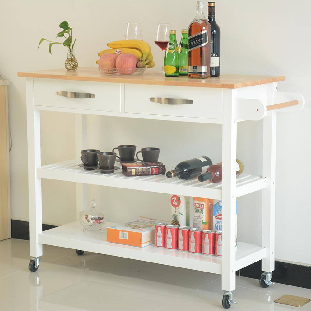 Tileon White Kitchen Island Cart with Wooden Tabletop and Rolling Wheel and 2-Shelves and 2-Large Drawers Rolling Storage Cart AYBSZHD1037