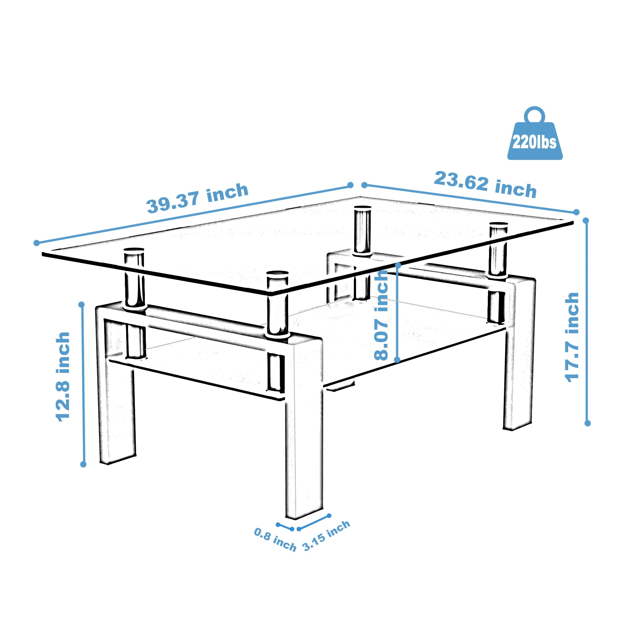 Rectangle White Glass Coffee Table, Clear Coffee Table，Modern Side Center Tables for Living Room， Living Room Furniture