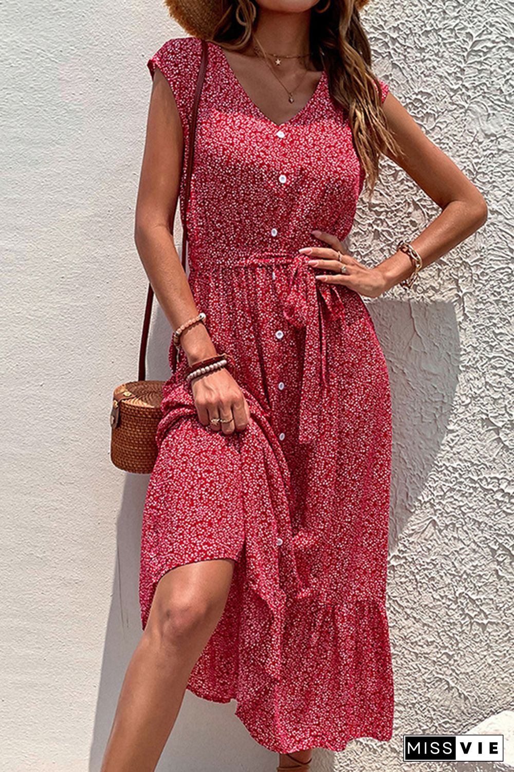 V Neck Button Down Floral Maxi Dress