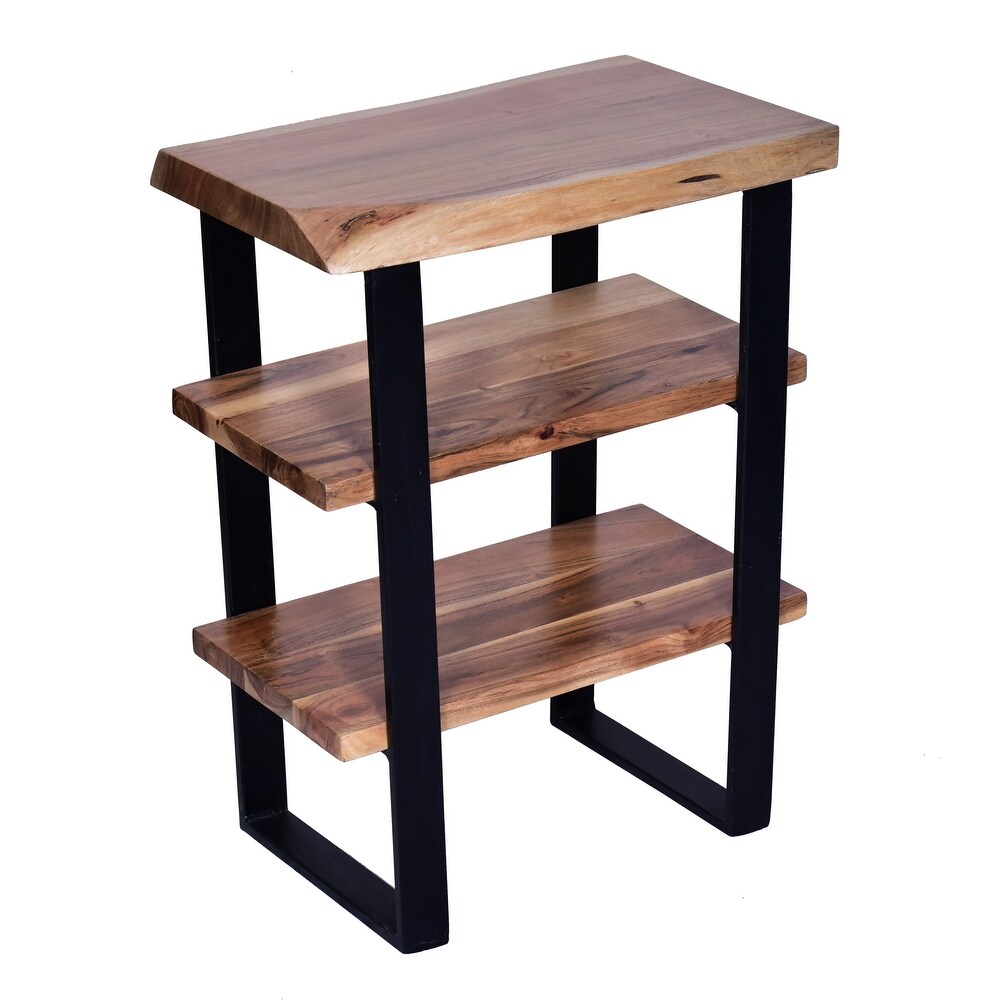 20 Inches Industrial End Side Table with Artisinal Live Edge Wood  Metal Legs  Brown  Black