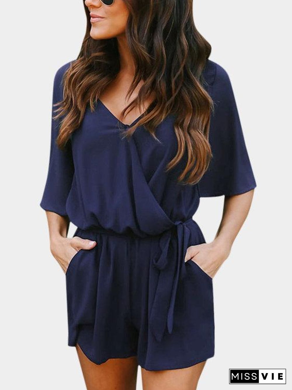 Crossed Front Design V-neck 3/4 Length Flared Sleeves High-waisted Playsuit Jumpsuit