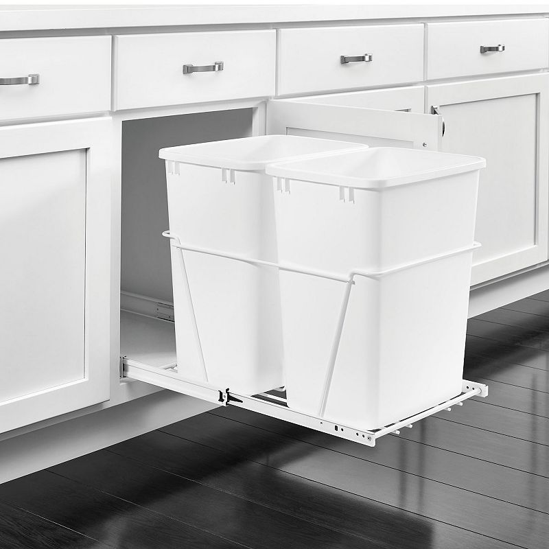 Rev-A-Shelf Double Pull Out 35 Qt Trash Can for Kitchen， White， RV-18PB-1