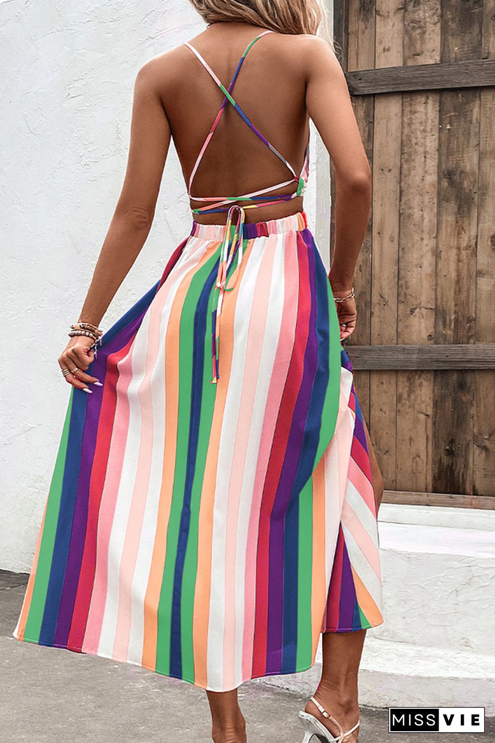 Multicolor Striped V Neck Spaghetti Strap Backless Maxi Dress