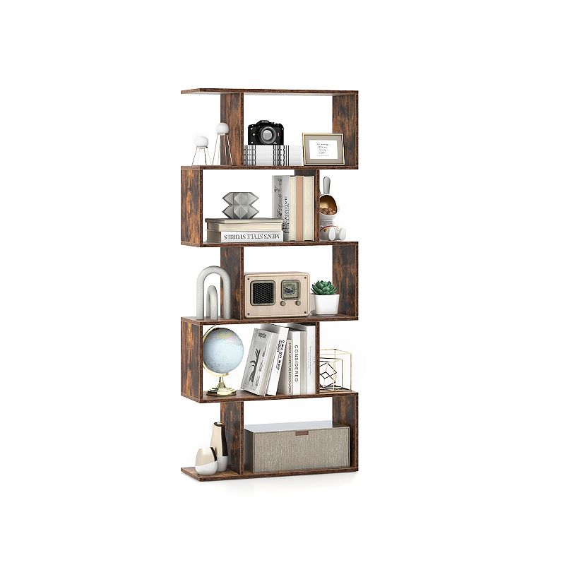 5-tier Bookshelf With Anti-toppling Device For Living Room Home Office-rustic Brown