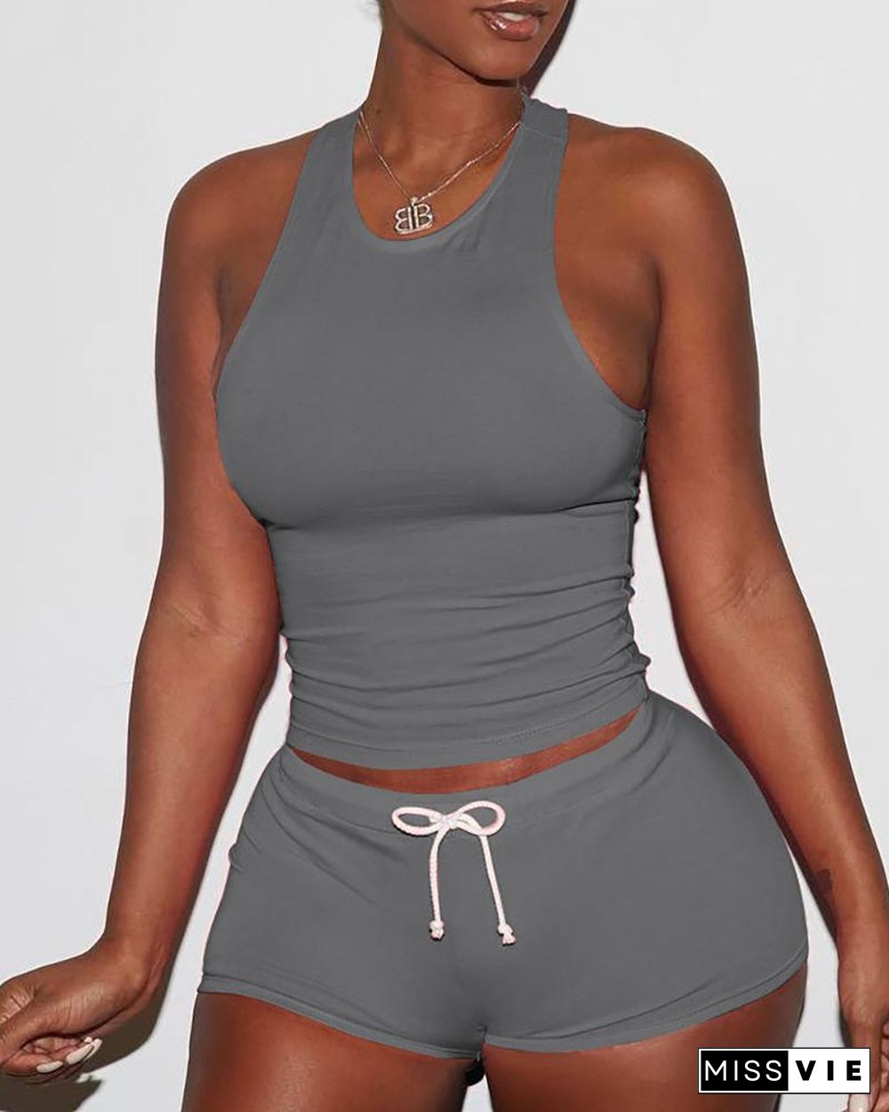 Sexy Solid Color Sporty Vest Shorts Set P14693