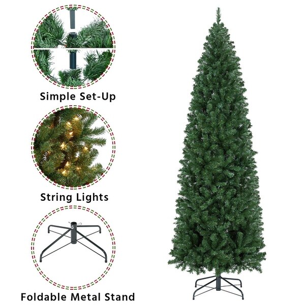 7.5ft Prelit Kingswood Fir Pencil Artificial Hinged Christmas Tree Skinny Corner Xmas Tree with 350 Incandescent White Lights