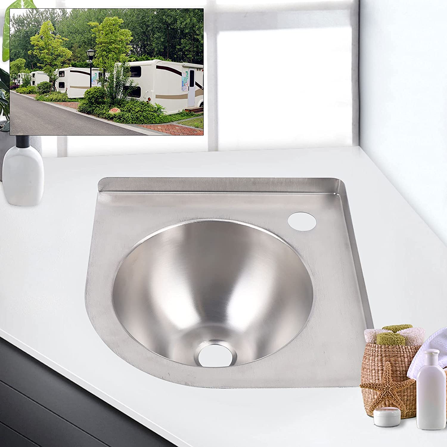 TFCFL RV Hand Washing Sink,Stainless Steel Sink with Drain & Drain,without Faucet GR-596(Silver)