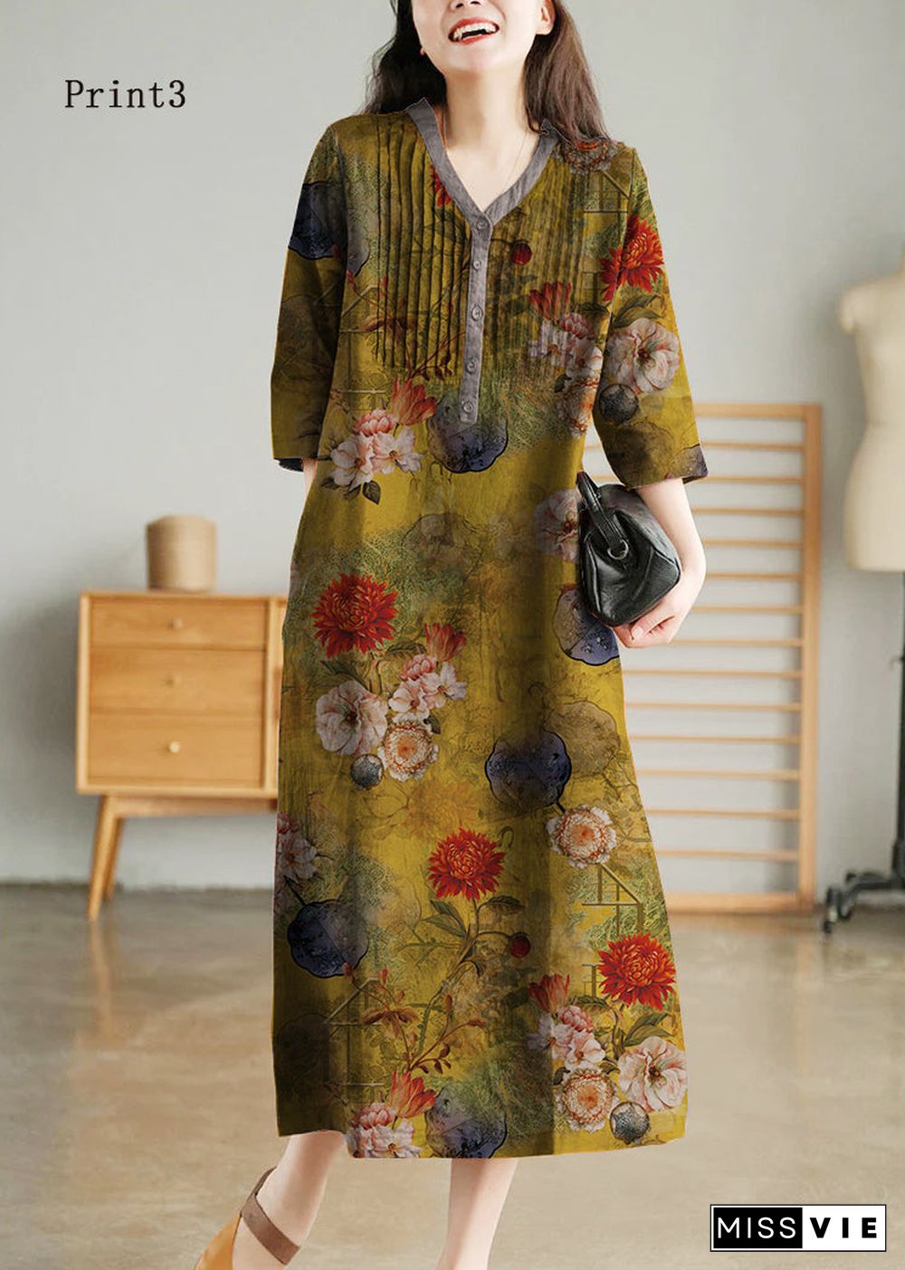 Print4 Loose Linen Long Dresses Button Solid Half Sleeve