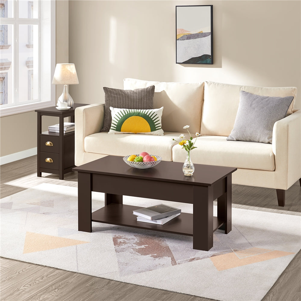 SMILE MART Lift Top Rectangular Wood Coffee Table with Hidden Compartment and Storage, Brown