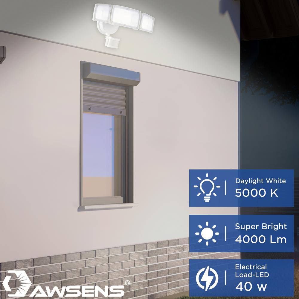 AWSENS 40-Watt 180-Degree White Motion Activated Outdoor Integrated LED Flood Light with 3 Heads and PIR Dusk to Dawn Sensor AW5883-WH