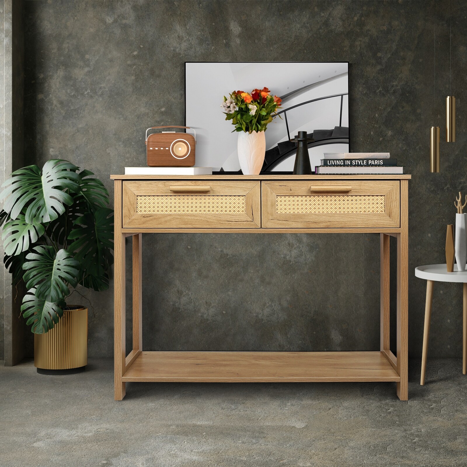 Wooden Console Table with 2 Drawers and Open Bottom Shelf，Natural