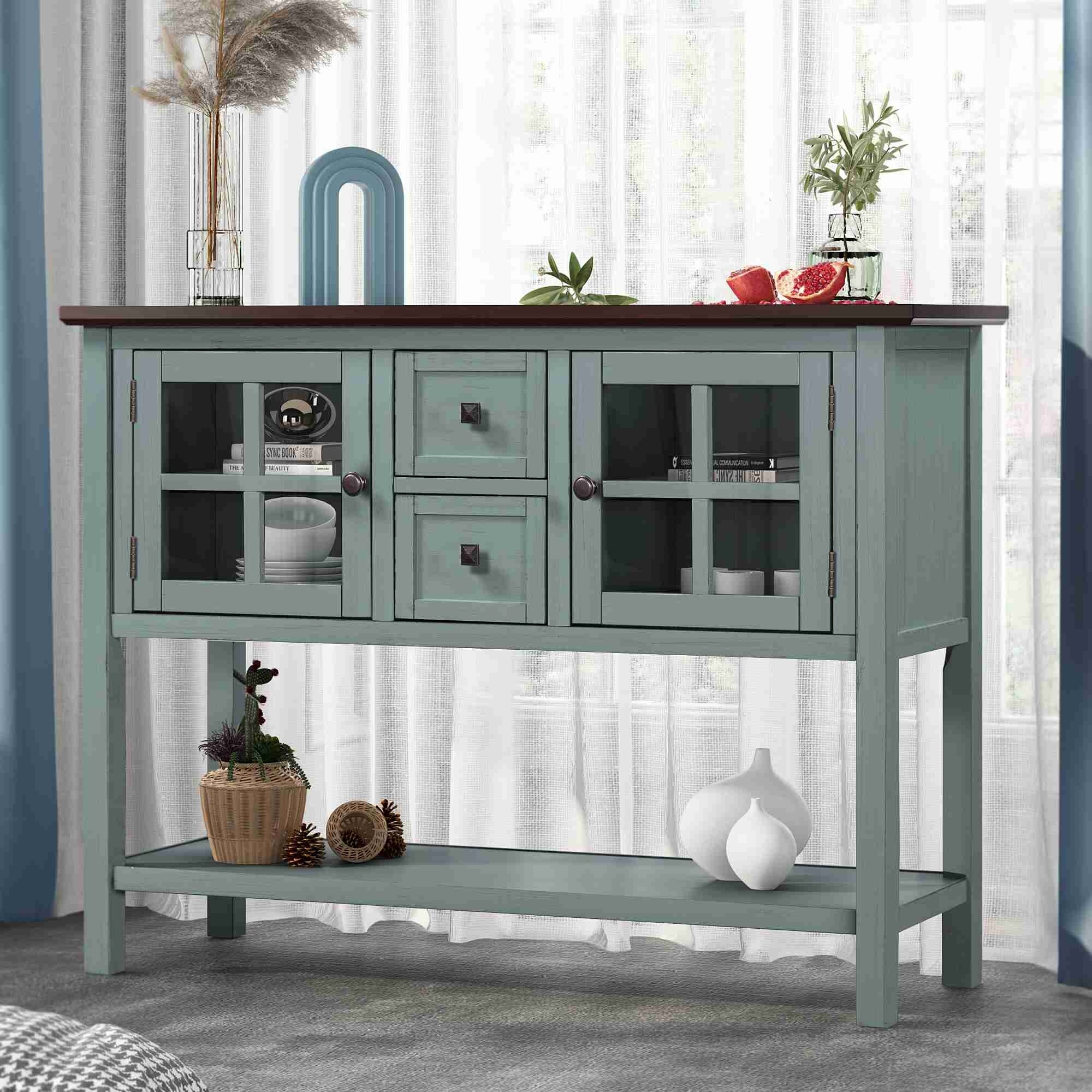 45'' Modern Console Table Sofa Table for Living Room with 2 Drawers， 2 Cabinets and 1 Shelf， Blue