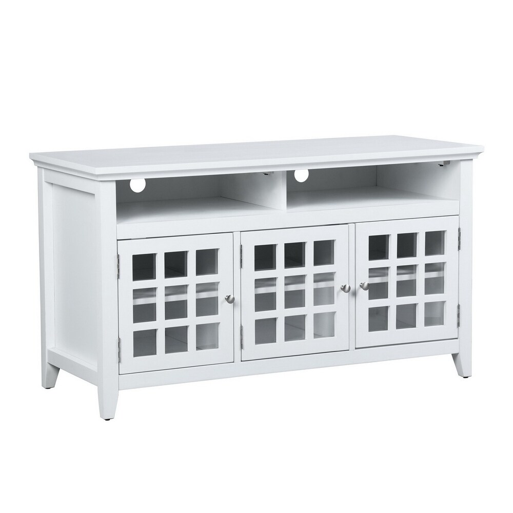 Solid Wood TV Stand  Entertainment Center 48'' TV Stand with Glass Doors  TV Console or Storage Cabinet Sideboard Buffet  White