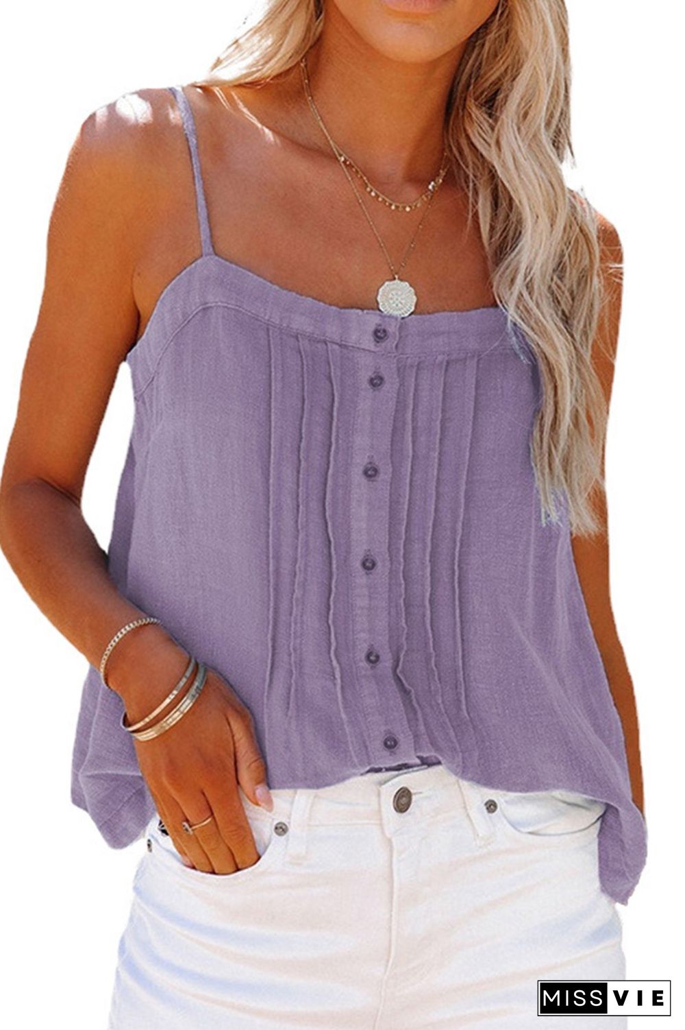 Plain Denim Spaghetti Button Cami Top