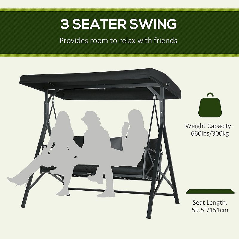 Outsunny 3-Seat Outdoor Porch Swing， Adjustable Canopy， Cushions， Black