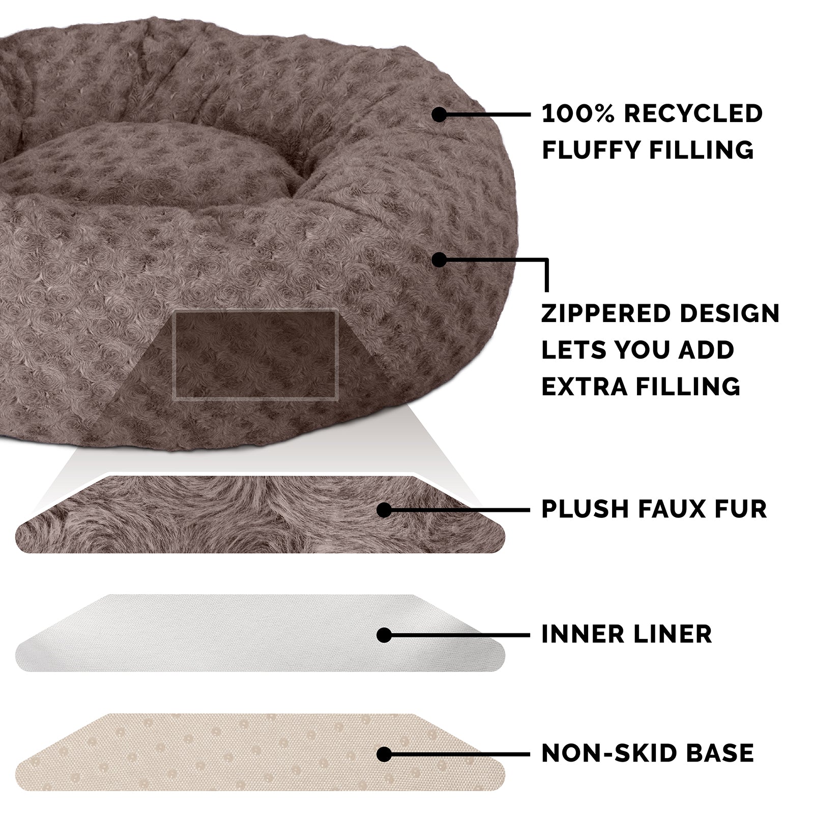 FurHaven | Plush Curly Fur Donut Pet Bed for Dogs & Cats, Cocoa Dust, Large