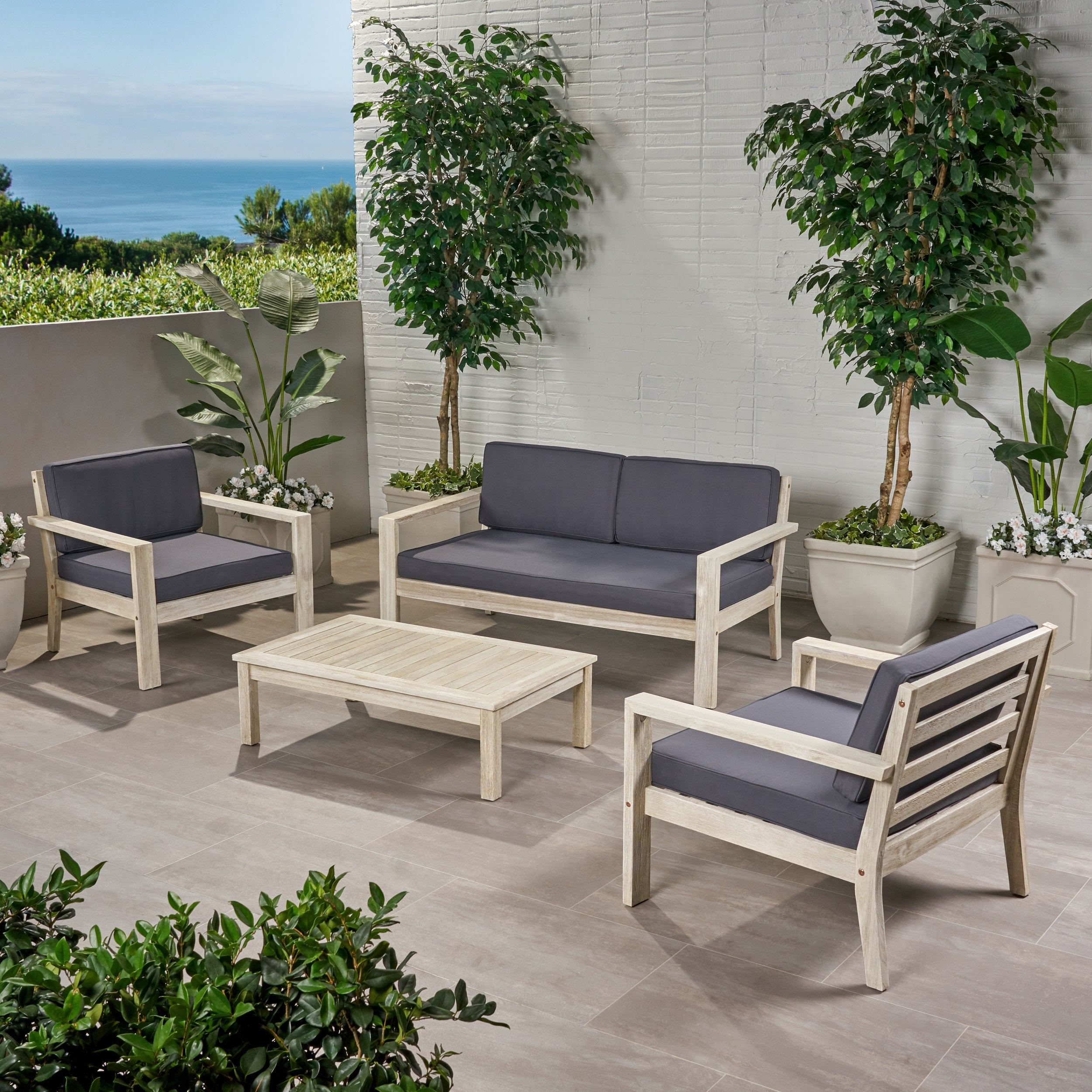 Dominic Outdoor 4 Seater Acacia Wood Chat Set with Cushions