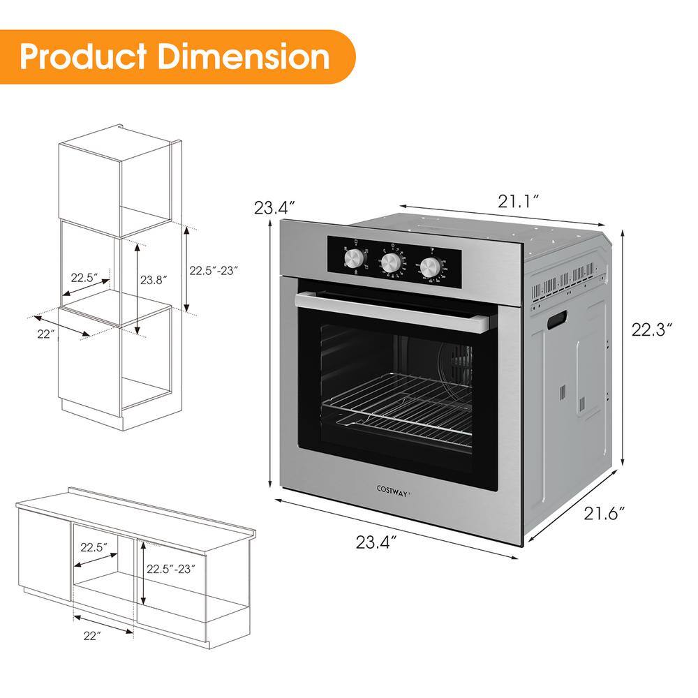 Costway 24 in. Single Electric Wall Oven 2.47 Cu.ft Built-in Oven 2300W w5 Cooking Modes FP10040US-SL