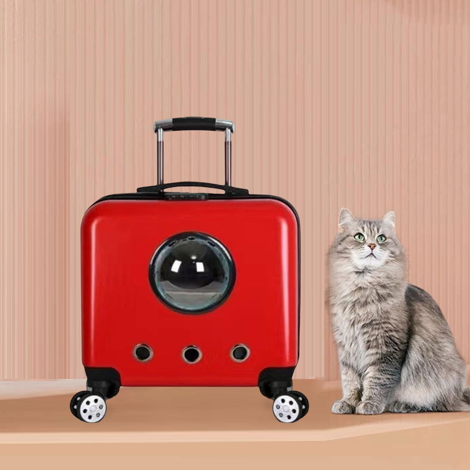 Cat Trolley Case Backpack with Wheel Transparent Space Package Tote Pet Carrier Cage Carrying Bag for Small Animals Puppy Kennel Rabbit red