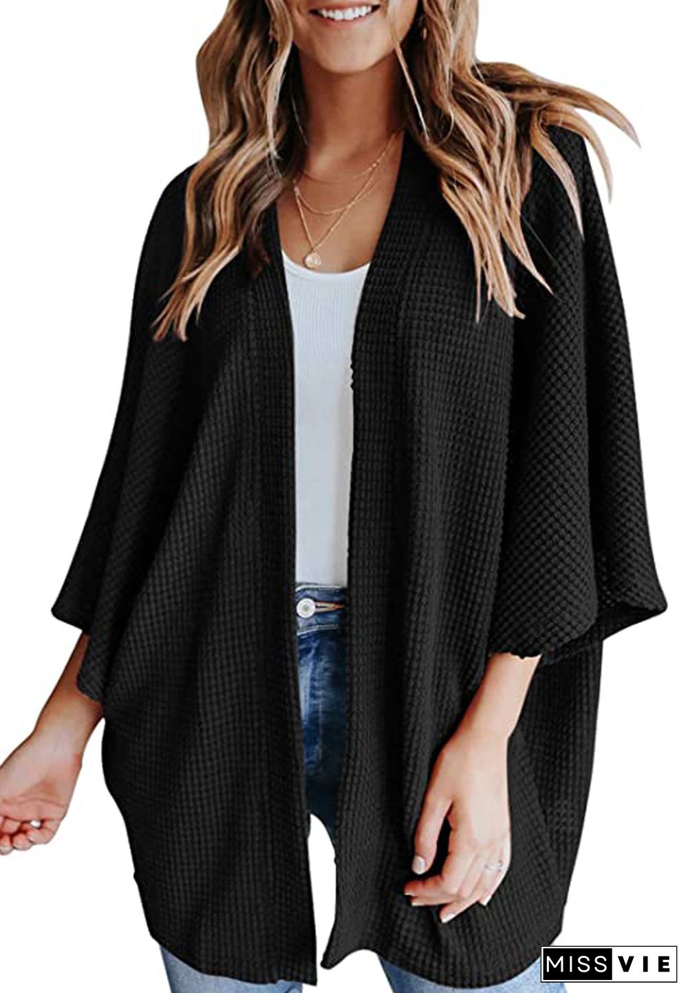 Anna-Kaci Women's Waffle Knit Kimono Cardigan Lightweight 3/4 Batwing Sleeve Sweater Beach Cover Up