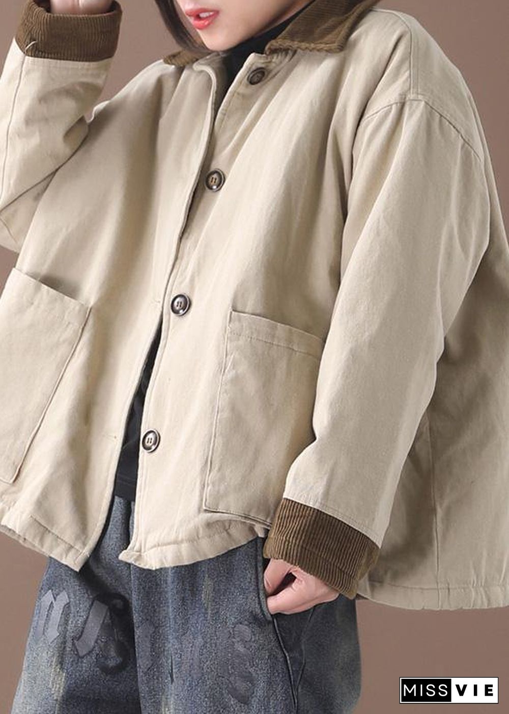 Simple beige Fine crane coats Work lapel patchwork outwear