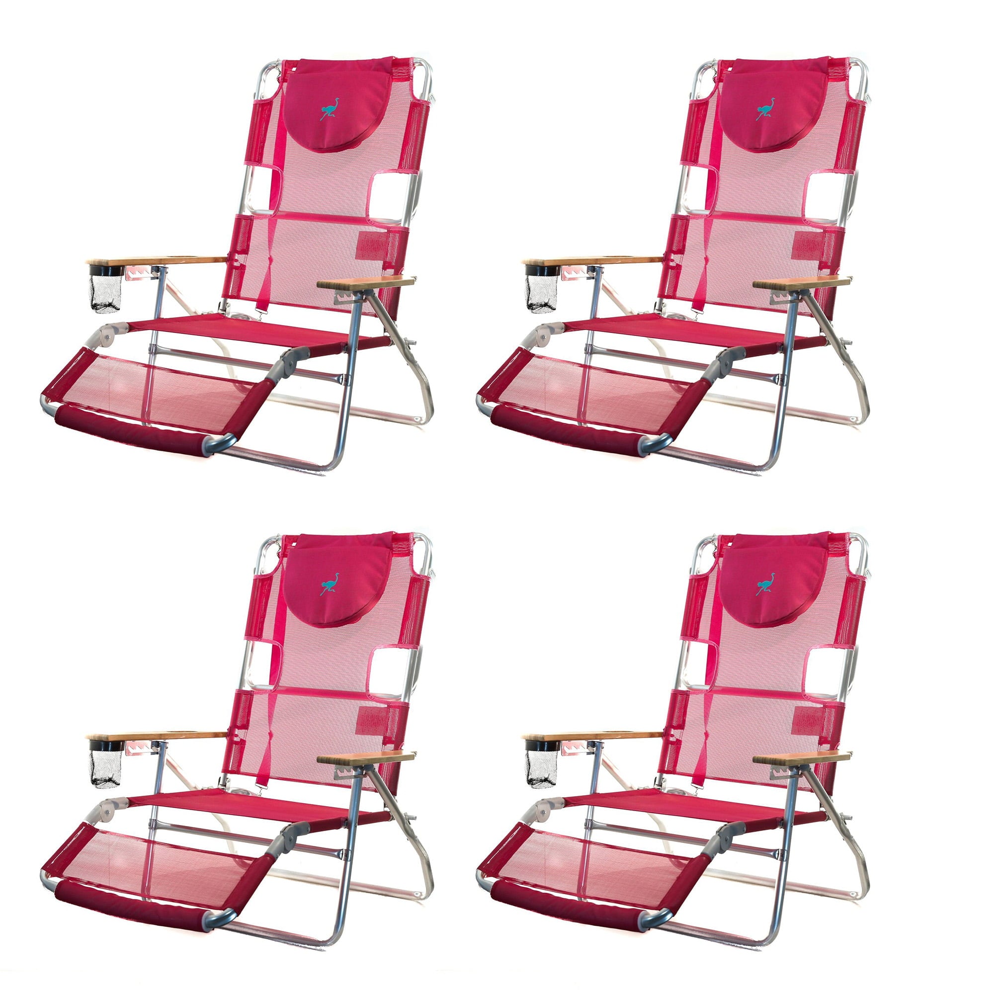 Ostrich 3-N-1 Light Aluminum Multi-Position Reclining Beach Chair， Pink (4 Pack)