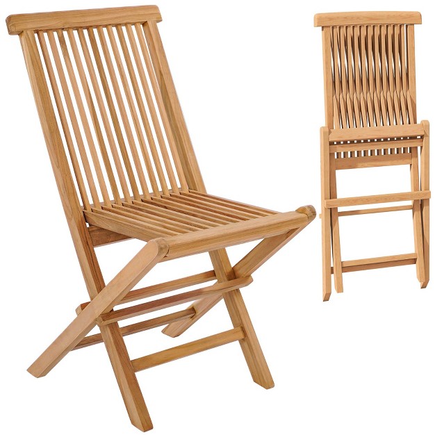 Costway 2 Pcs Patio Folding Chair Teak High Back Dining Slatted Seat Portable Outdoor