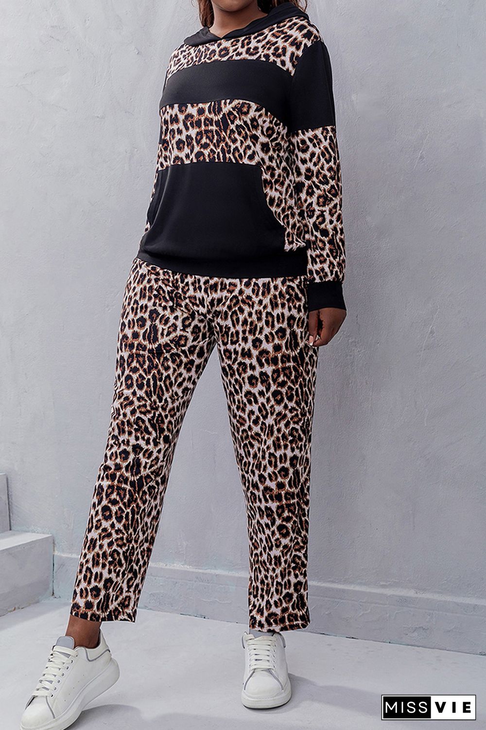 Color Block Leopard Pocketed Hoodies with Pants Plus Size 2pcs Set