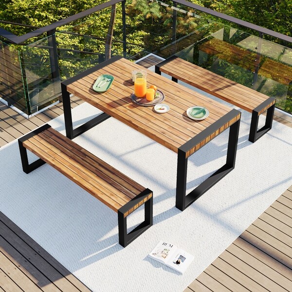 3Piece Acacia Outdoor Picnic Table Set With 2 Benches，With Acacia Wood Top and Steel Frame