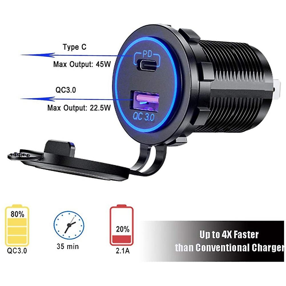 Car Dual Usb Charger Qc3.0+pd 45w Fast Charge With Protective Cover For Trucks Yachts Motorcycles Ships Rv Blue