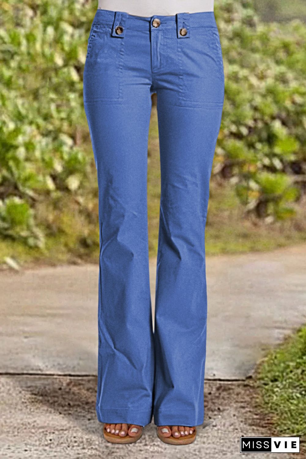 Solid Button Detail Low Rise Straight Leg Pants