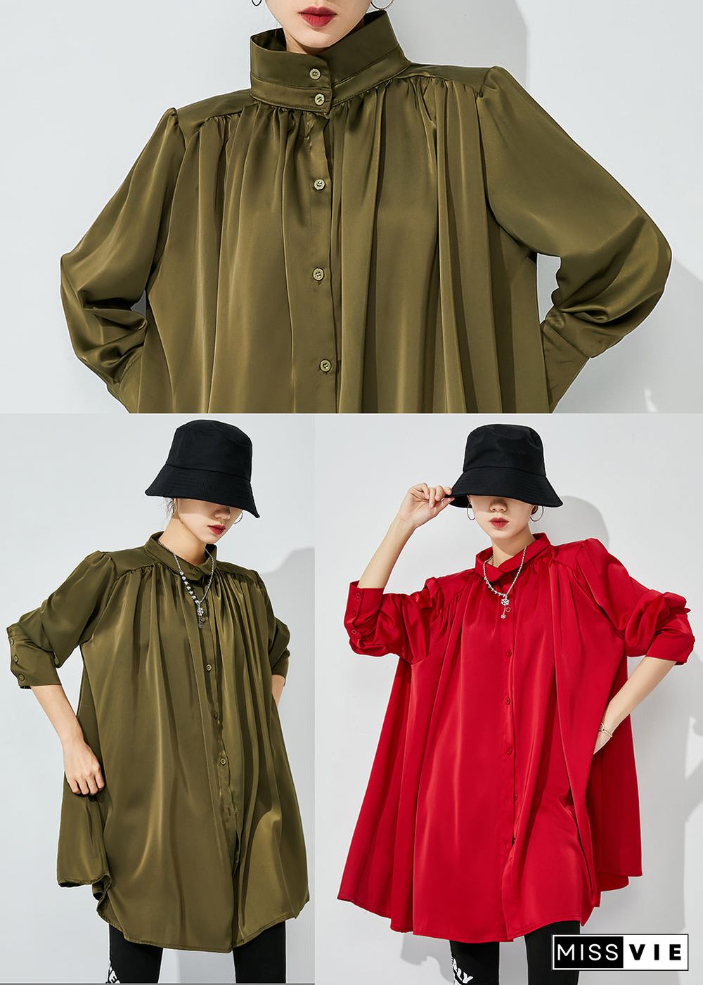 Army Green Draping Silk Shirt Top Oversized Wrinkled Spring