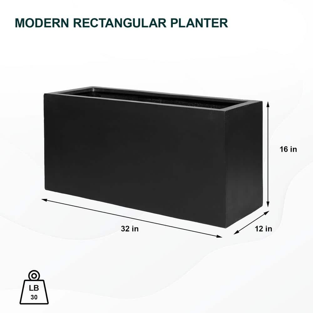 PotteryPots Jort Small 16 in. Tall Black Fiberstone Indoor Outdoor Modern Rectangular Planter E1066-S1-01