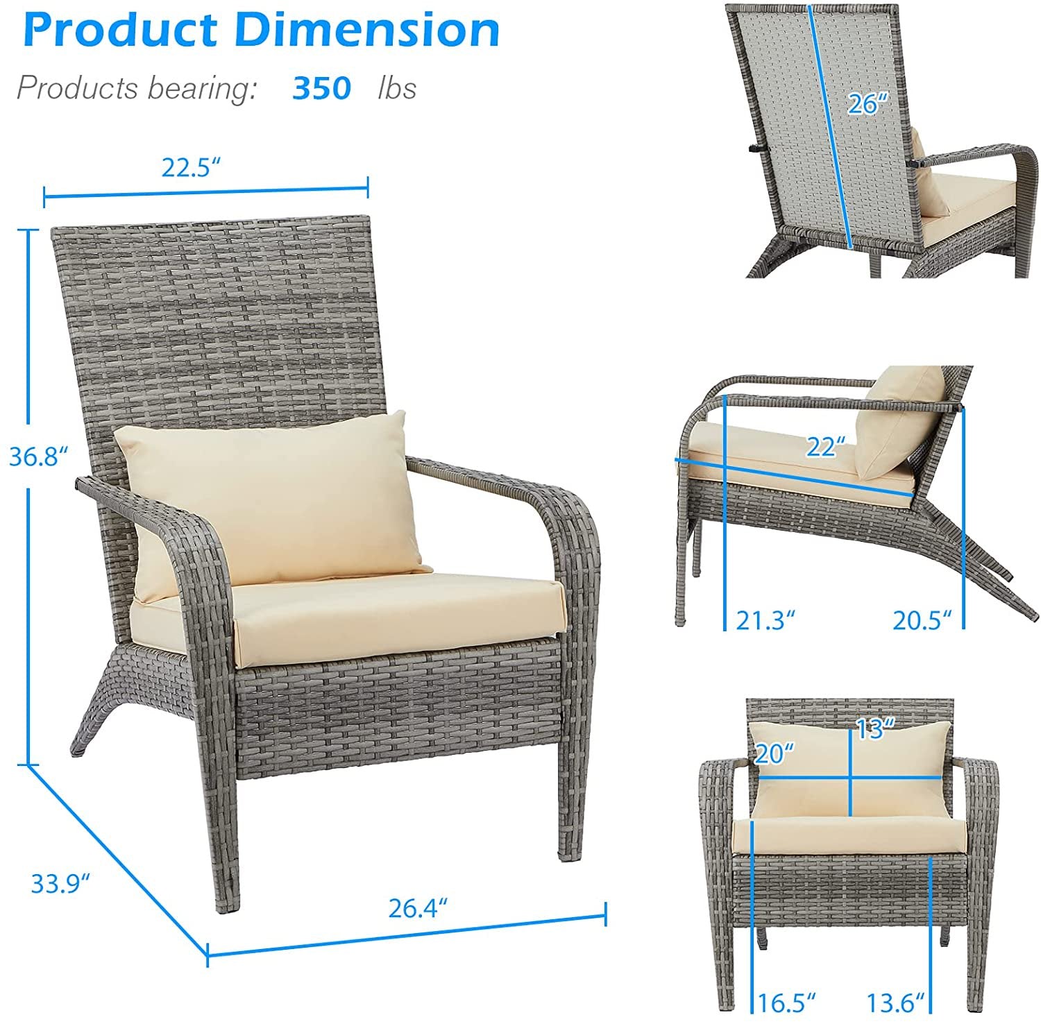 AECOJOY Patio Chairs High Back Wicker Outdoor Dining Chairs with Cushion and Pillow in Gray