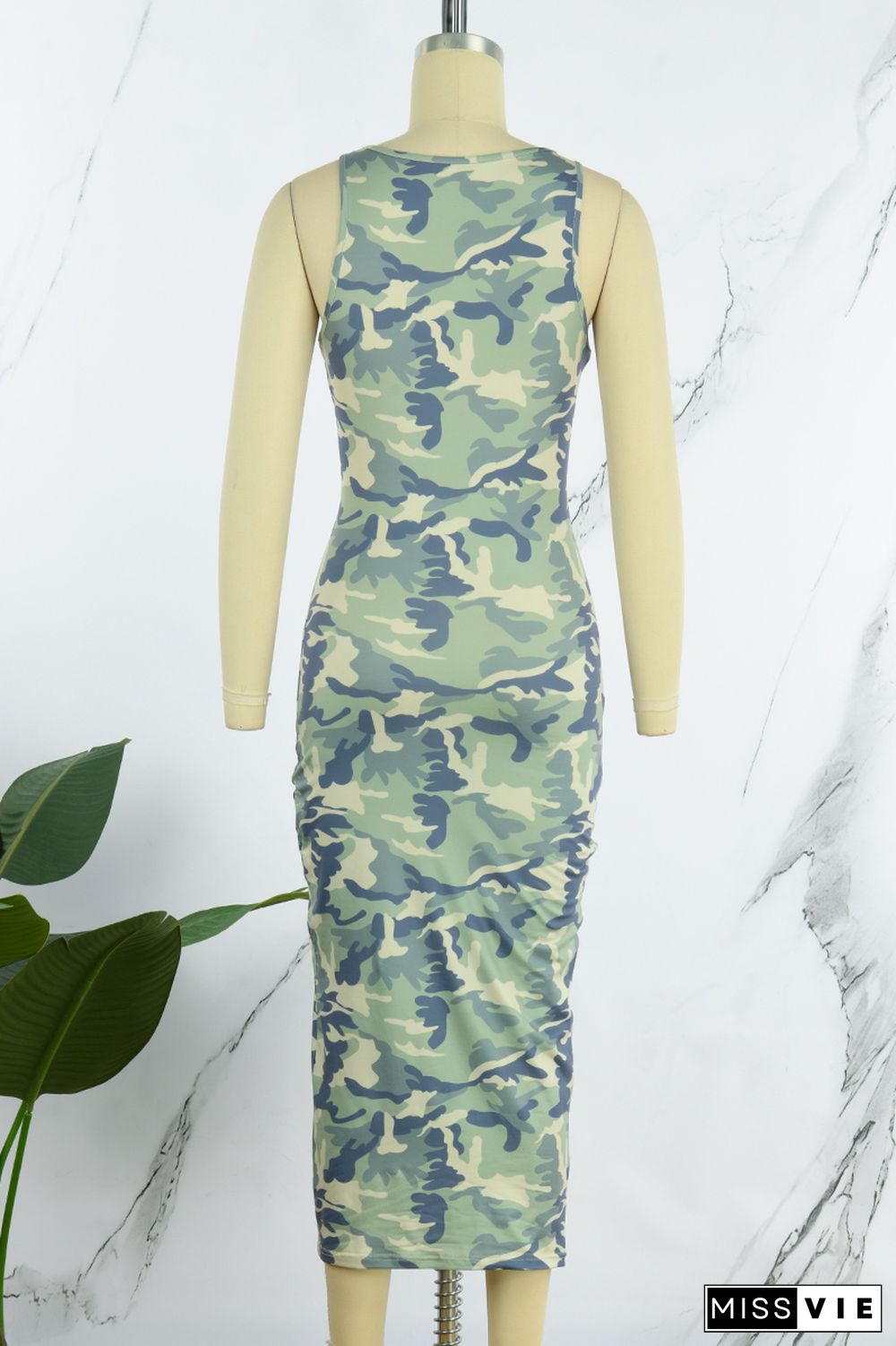 Cyan Sexy Casual Camouflage Print Basic O Neck Sleeveless Dress Dresses