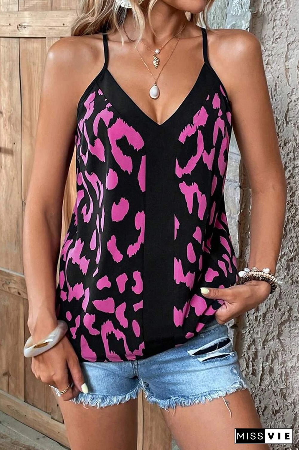 V Neck Leopard Spaghetti Cami Top