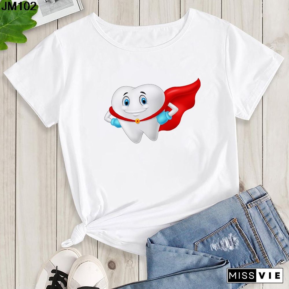 Aesthetic Funny Tooth Dentist Print Female Clothing T-shirt 90s Harajuku Kawaii O-neck Tshirt Summer Fashion Women's Top T Shirt