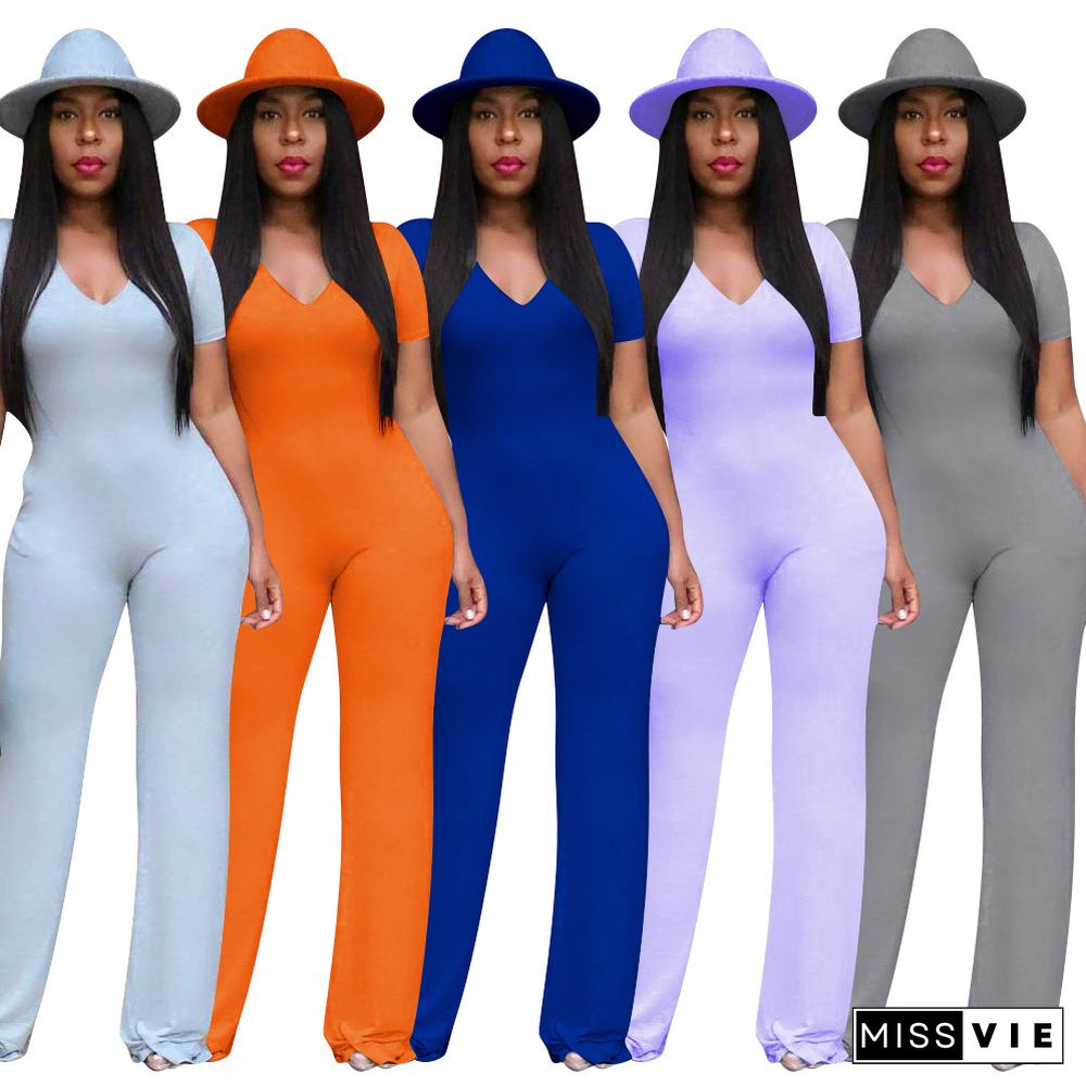 Summer New Casual Solid Color Short Sleeve Elegant V Neck Activewear Wide Leg Womens Jumpsuit