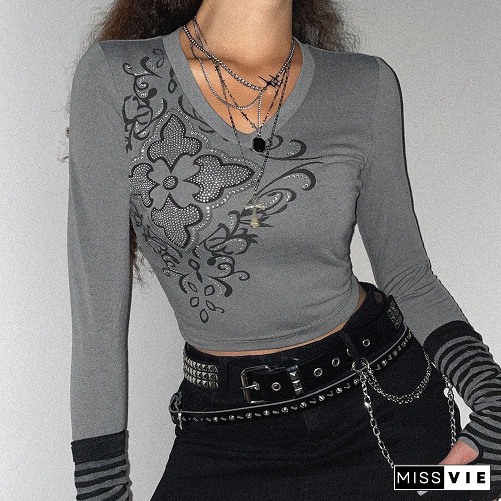 Retro Printed Rhinestone Long Sleeve Crop Navel T-Shirt