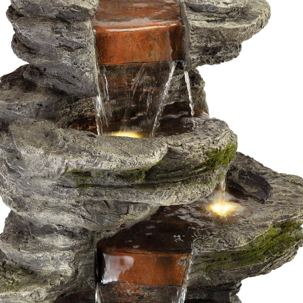 Alpine Corporation 58 in. Tall Outdoor 8-Tier Rainforest Rock Water Fountain with LED Lights WIN1146