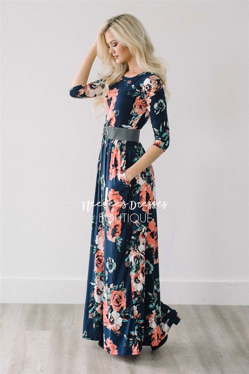 Navy Watercolor Floral Maxi Dress