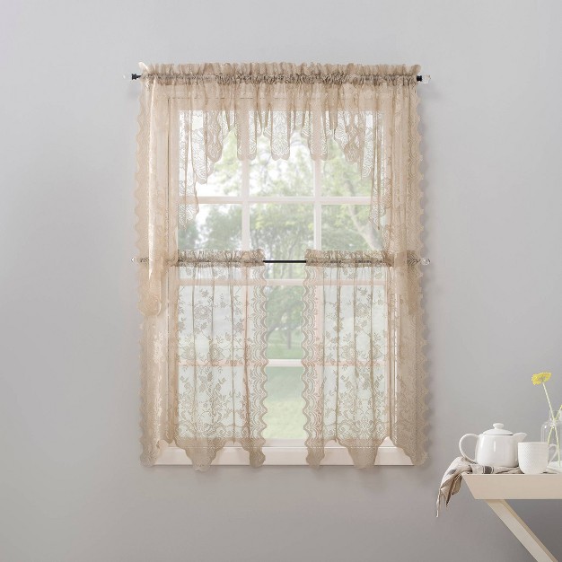 Set Of 2 36 quot x58 quot Alison Floral Lace Sheer Rod Pocket Kitchen Curtain Tier Beige No 918