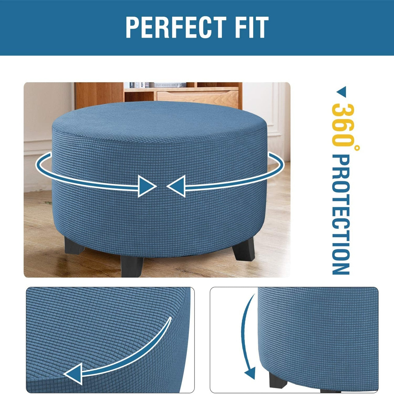 Enova Home Round Ottoman Slipcovers Footstool Protector Covers Storage Stool Ottoman Covers Stretch with Elastic Bottom (Denim Blue)