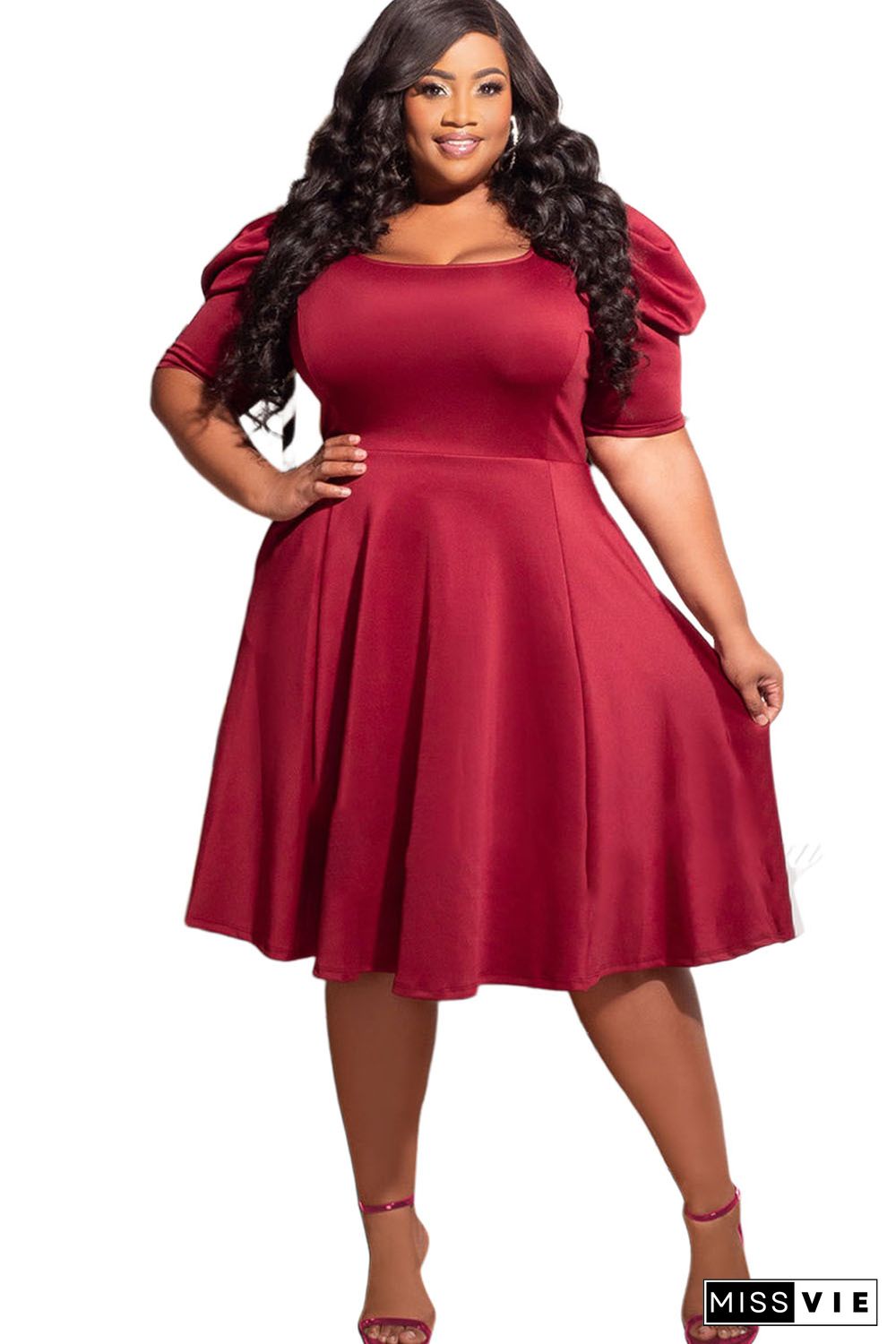 Red Plus Size Ruched Puff Sleeves Fit Flare Midi Dress