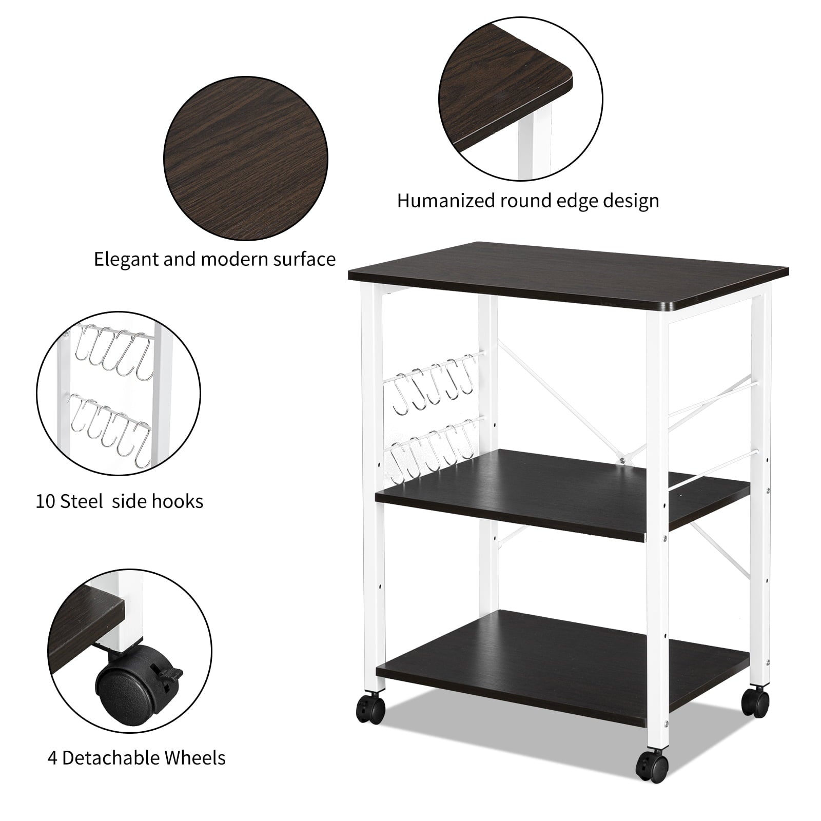 Zimtown 3 Tier Rolling Bar Cart， Kitchen Microwave Oven Stand Cart Island on Wheels with Storage Shelves， Coffee Station， Wood/Metal， Dark Brown/White