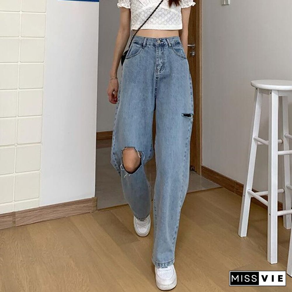 Woman Jeans Ripped High Waist Clothes Wide Leg Denim Clothing Streetwear Vintage Quality Fashion Harajuku Straight Pants