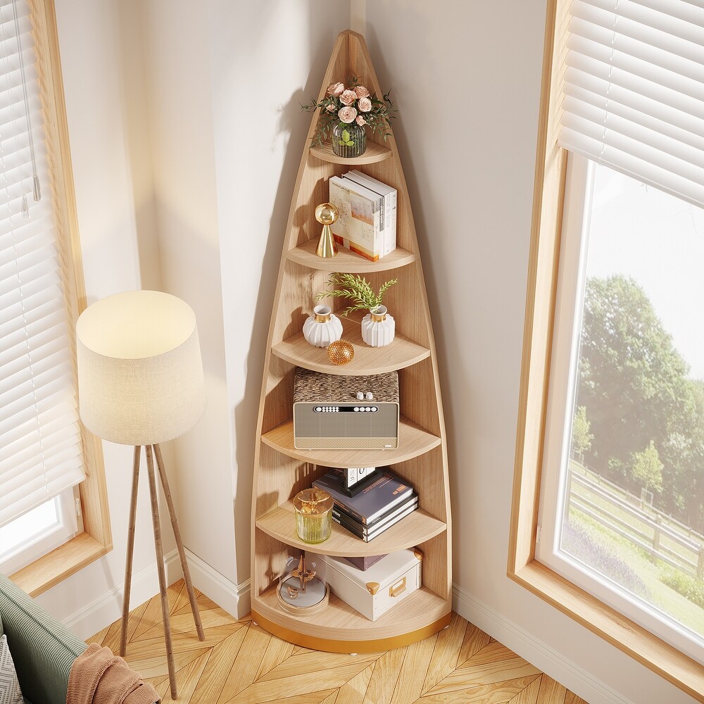 6 Tier Corner Ladder Shelf With Metal Base  6 Shelf Corner Bookcase BookShelves for Living Room