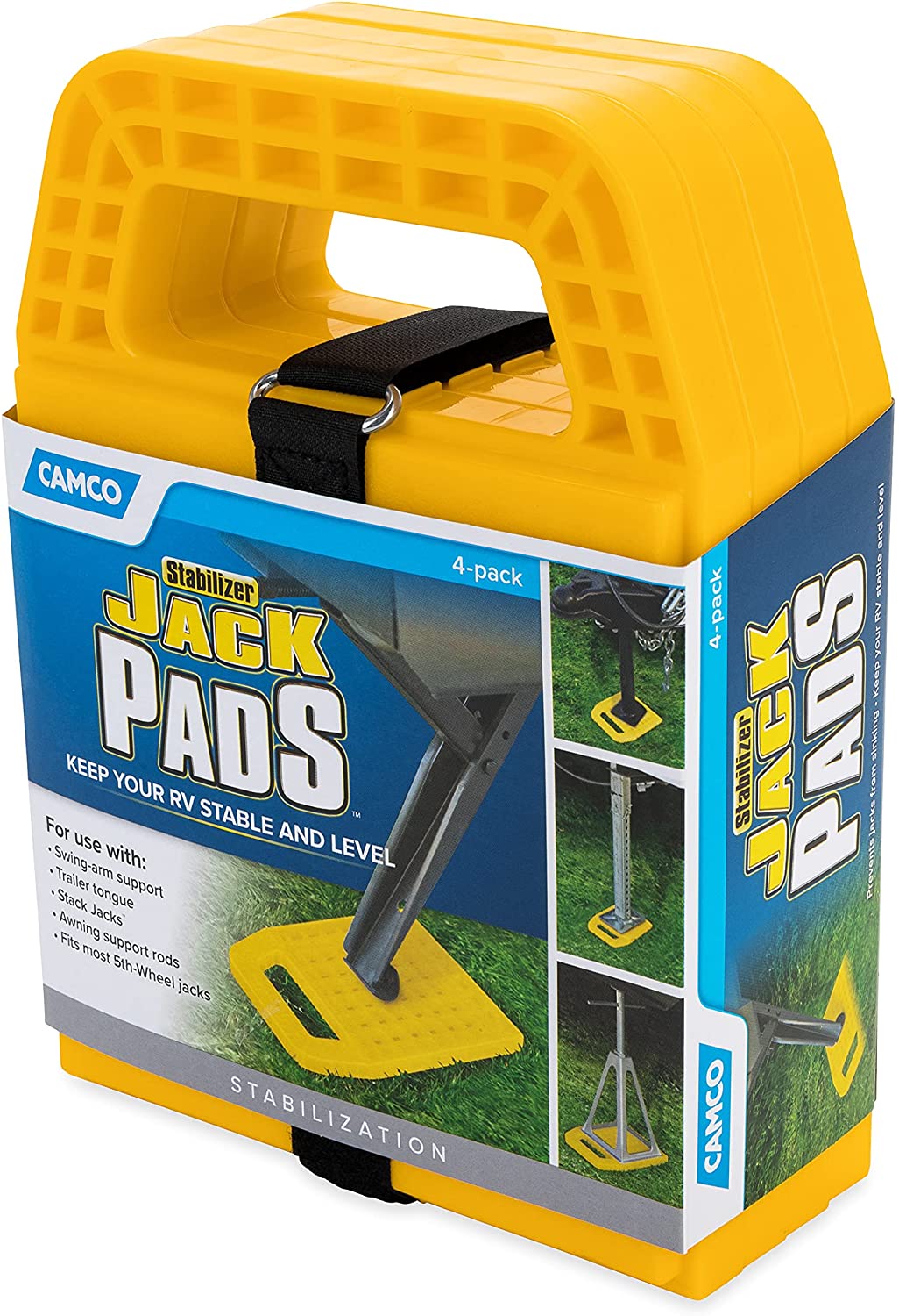 Camco RV Stabilizing Jack Pads， 6.5 Inch x 6.5 Inch Pad - 4 Pack (44595)， Yellow